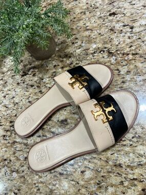 Tory Burch Everly Black Cream Leather Slides Sandals w/ Gold-tome Logo 9M